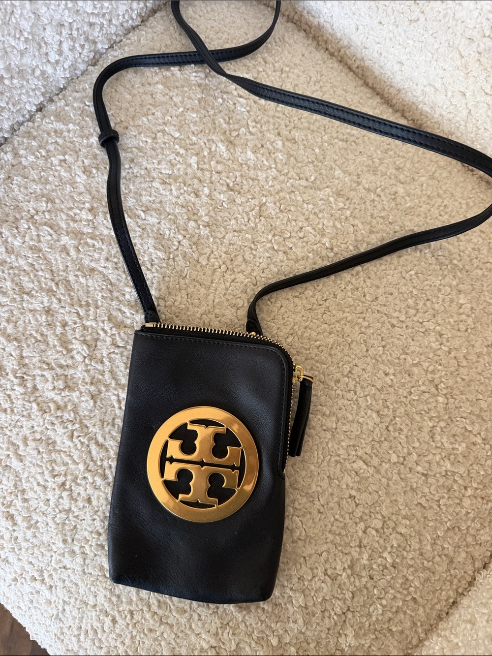 Tory Burch Black Leather Crossbody Phone Pouch with Gold Logo Medallion
